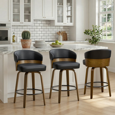 Mid-Century Modern Walnut Bentwood Swivel Bar Stool With Thick Cushioned Seat & 350 Lbs Capacity(Set Of 3)