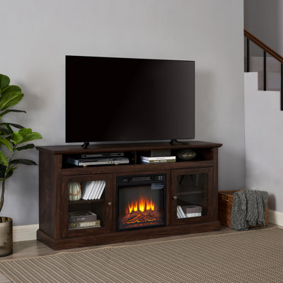 Meuble télé contemporain avec meuble télé avec foyer encastrable 18 po pour téléviseur de 65 po ou moins et espace de rangement ouvert et fermé
