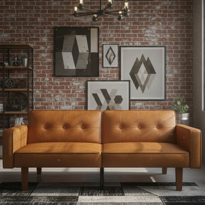 Canapé-lit 68 po Mid-Century, Similicuir brun