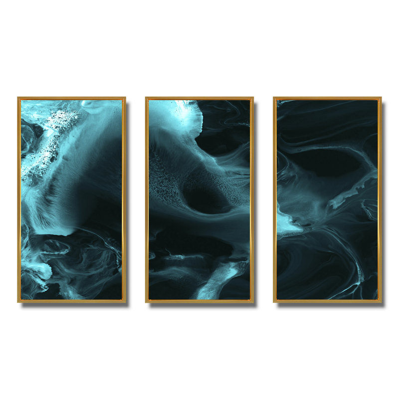 Turquoise nuage liquide Art I - ensemble d'art moderne sur toile encadrée moderne de 3, H 32 po x l 48 po x P 1 po, Or
