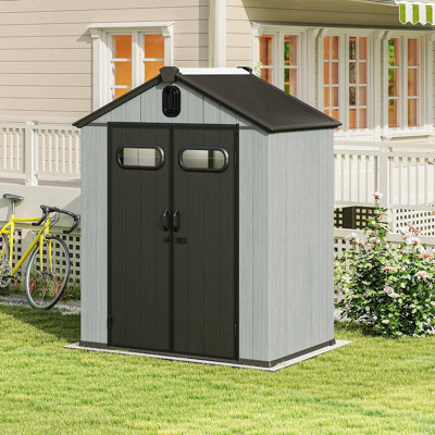 5X3ft Outdoor Resin Storage Shed With Transparent Windows & Louvered Vents, Plastic Tool Shed With Double Lockable Doors & Gable Roof, Outside Garden Shed For Backyard, Patio, Lawn, Gray