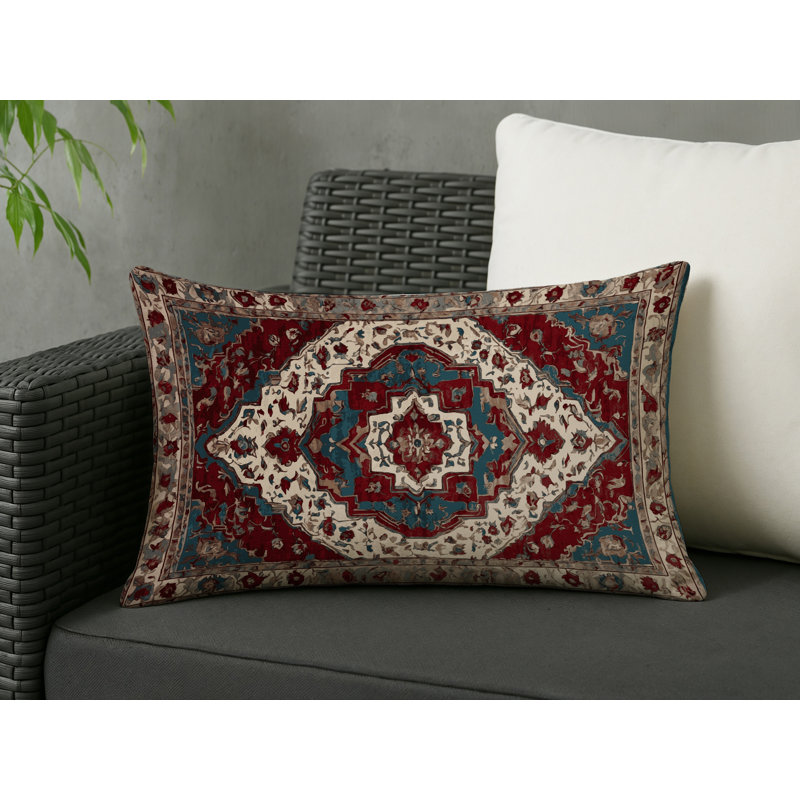 Coussin décoratif intérieur et extérieur Modern, Bourgogne / bleu sarcelle / ivoire damassé, Rectangle H 25 po x l 18 po