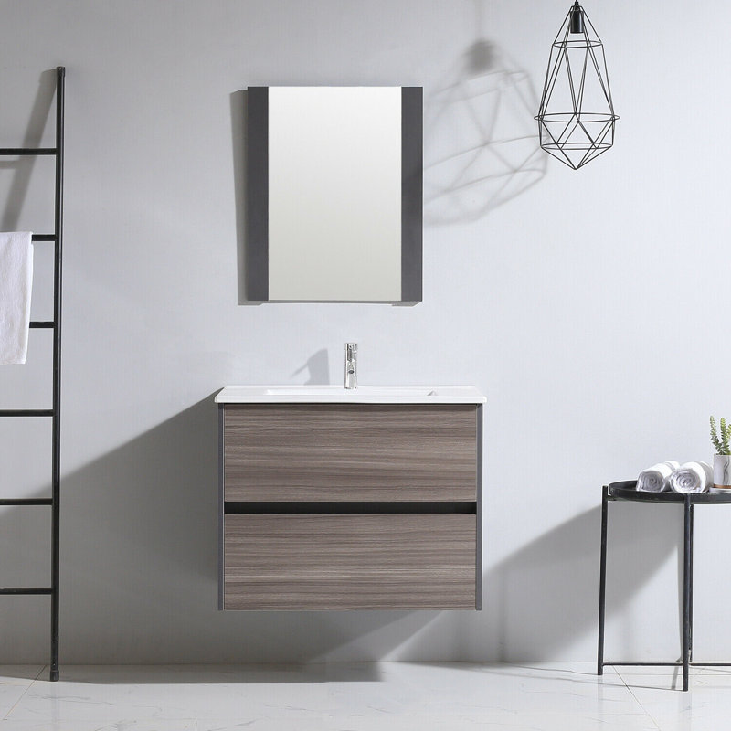 Meuble-lavabo mural 24 po avec lavabo et miroir, meuble-lavabo flottant moderne avec 2 tiroirs à fermeture en douceur, finition grain de bois gris - robinet et bonde escamotable inclus