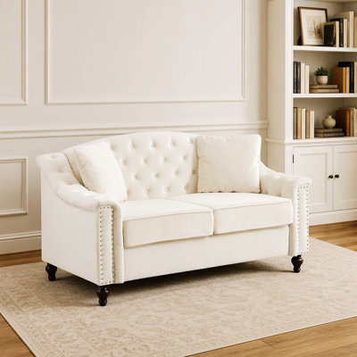 Canapé Chesterfield avec capitonnage à boutons et garniture cloutée, canapé rembourré avec pieds en bois massif