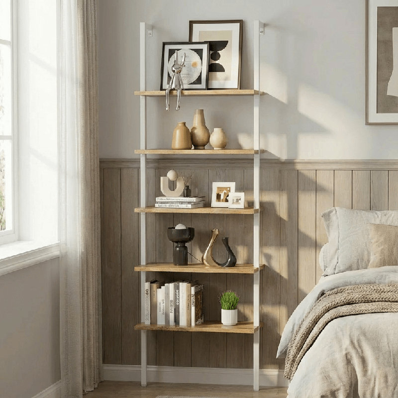 5-Tier Bookshelf Wall Mount Ladder Bookcase Industrial Standing Corner Bookshelf With Wood Board And Metal Frame, Modern Tall Narrow Storage Organizer For Home Office(Set Of 2)