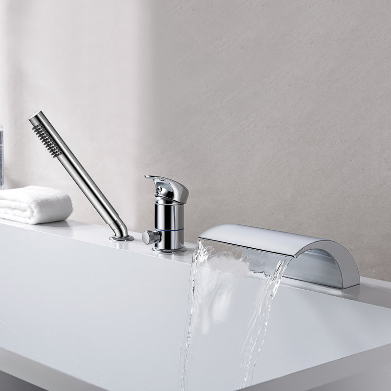 Robinet de baignoire à cascade, robinet de baignoire à fixation sur plateau avec douche à main, Chrome