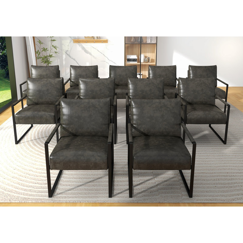 24.6" Wide Minimalist Soft Cushioned Back Upholstered Sled Base Arm Accent Chair (Set of 11), Dark Gray Faux Leather