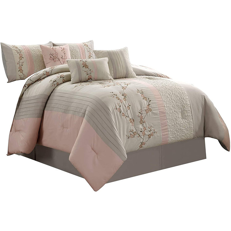 Modern & Contemporary Floral Comforter Set, Blush, Queen Comforter+2 Shams+3 Throw Pillows