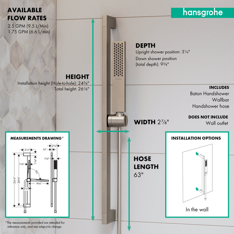 hansgrohe Pulsify E Wallbar Set 100 3-Jet 24", 1.75 GPM, Brushed Nickel, 1.75 GPM