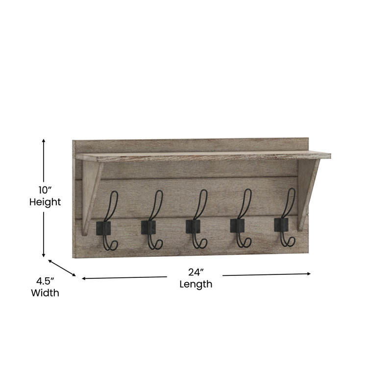 Nariaki Wall Mounted Solid Pine Wood Storage Rack with Upper Shelf and 5 Hanging Hooks, Weathered Brown