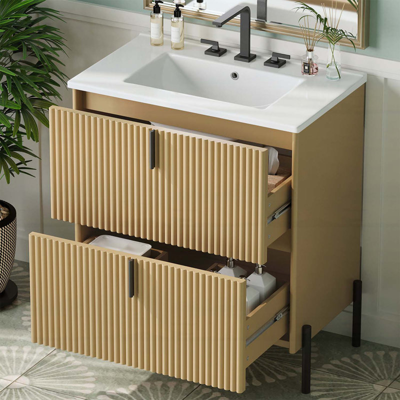30-Inch Bathroom Vanity with Ceramic Sink,Fluted Design,and Soft-Close Full-Extension Drawers, Natural+Black