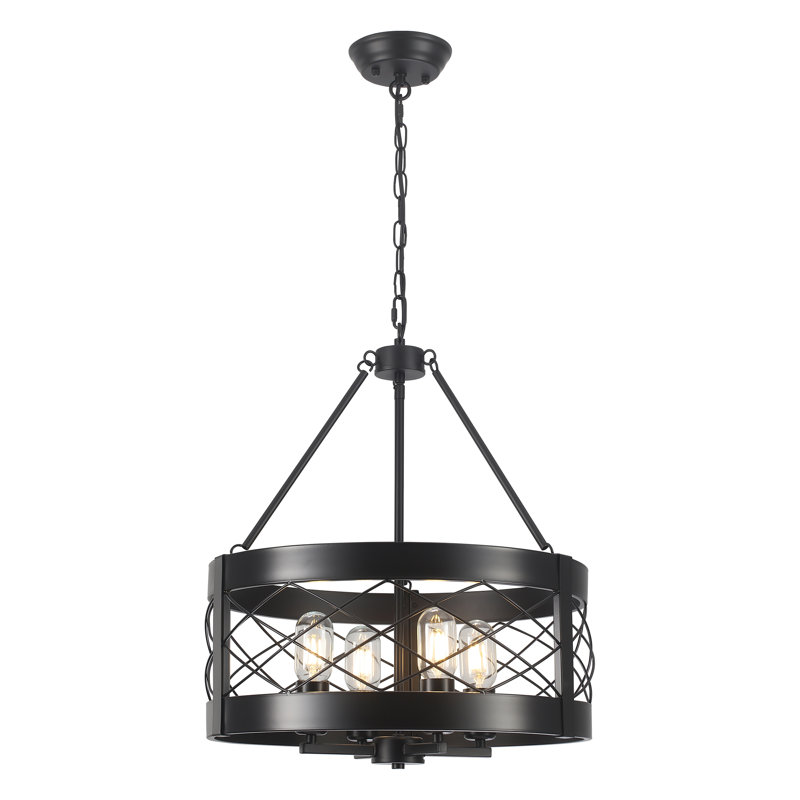 4 - Light 17.71-inch Dimmable Farmhouse Drum Chandelier Modern Industrial Metal Cage Pendant Lighting for Dining Room Bedroom Living Room Chandelier