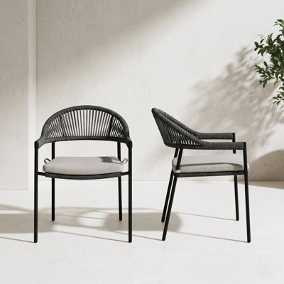Charleston 2 Piece Metal And Rope Rattan Hand Weaving - Stackable Dining Chair With Charcoal Seat And Back & Cushions Outdoor Set Balcony Chairs for Porch, Deck, Backyard