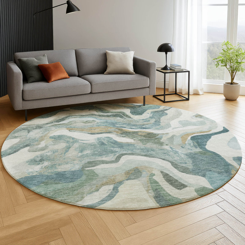 Premium Machine Washable Mayfield AMF2162 modern Rug, Teal, Round 8'