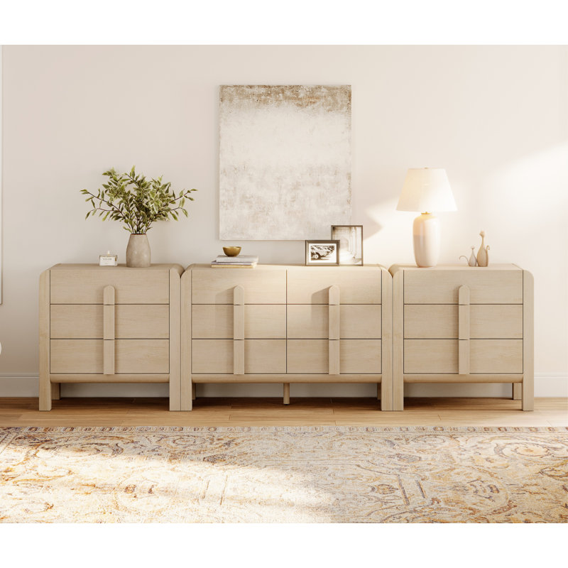 Ensemble de commode 3 pièces pour chambre à coucher, grande commode Mid Century Modern, Chêne clair