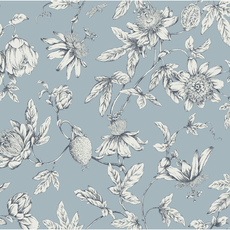 Passion Flower Toile Floral Wallpaper Roll, Sky Blue