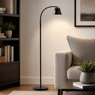 Small black metal bright reading floor lamp with a gooseneck, remote control, dimming, 2000LM output, and a non-replaceable LED; standing task/craft/architect light for living rooms and bedrooms.