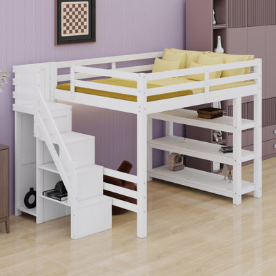 Lit mezzanine avec tablettes, petite armoire