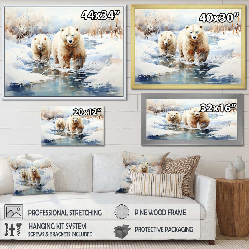 Ours polaires neige en hiver I - Ours 2, art mural, Cadre d'angle fermé noir, H 30 po x l 40 po x P 1,5 po