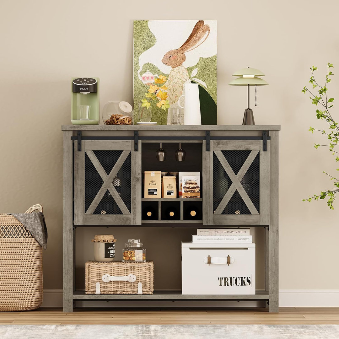Farmhouse Coffee Bar Cabinet with Storage, Sliding Barn Door Sideboard Buffet, Wine Bottle & Glass Storage Cabinet for Kitchen, Dining Room & Living R