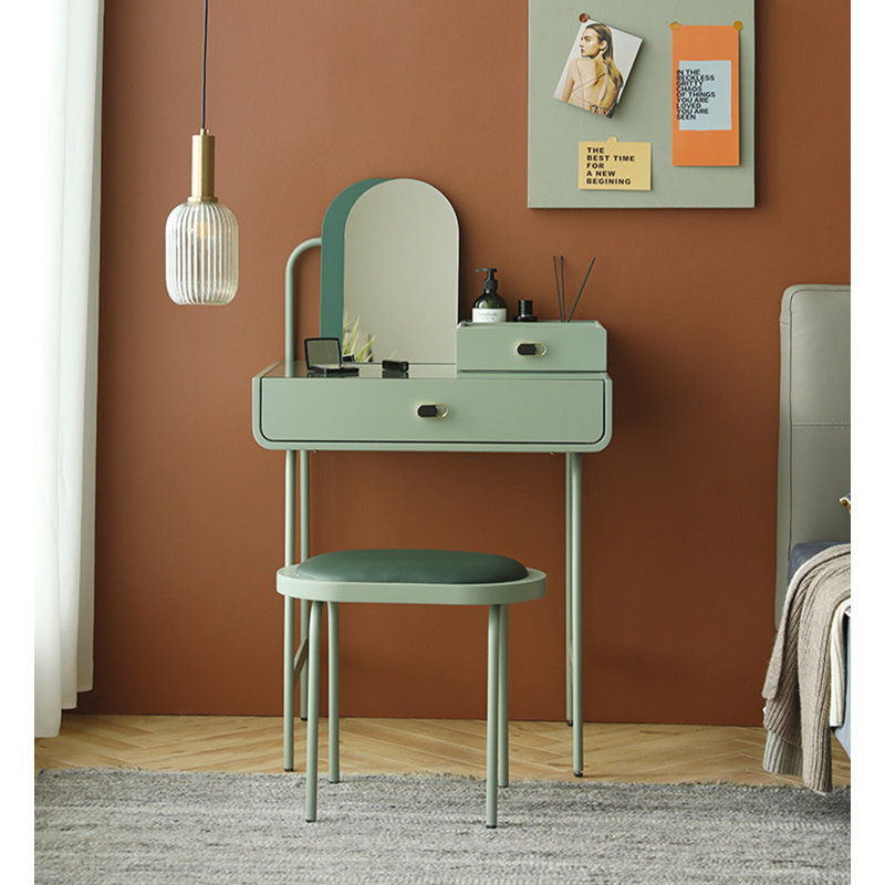 Ensemble de coiffeuse minimaliste au fini vert sauge et tabouret rembourré