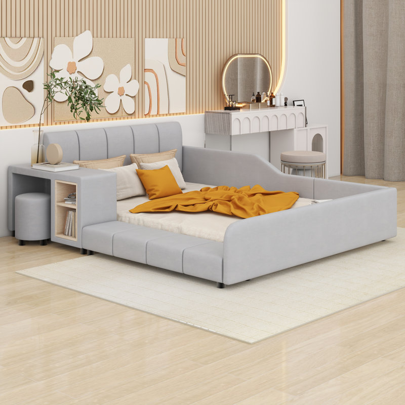 Lit plateforme tapissier avec rangement Leavie, gris, Double