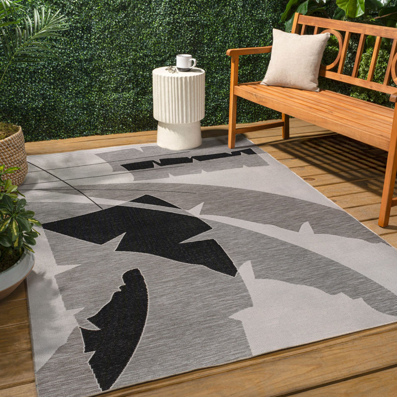 Correlly Coastal Vintage Abstract Palm Leaf Gray/Cream Indoor/Outdoor Rug, Rectangle 4' x 6'