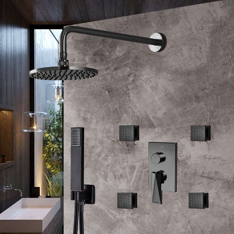 Bravat 3 Way Concealed Shower Mixer Set with Wall Mount Thermostatic Valve System, Black