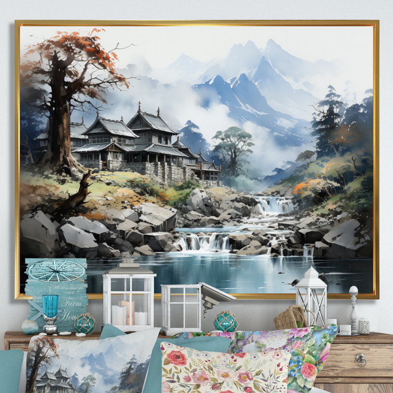 Bernest China Art Misty Mountain sur toile, H 12 po x l 20 po x P 1 po, Cadre flottant doré