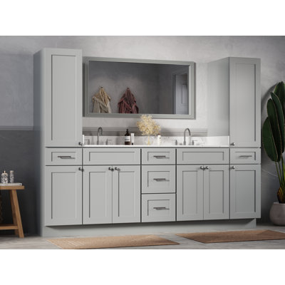 Ensemble de meuble-lavabo double autoportant 93 po avec comptoir en quartz de Carrare, ensemble de 5 pièces et armoires en lin