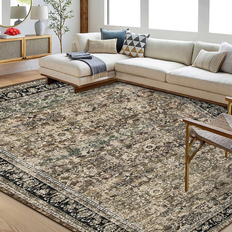 10 x 13 tapis lavable antidérapant antidérapant tapis rétro oriental grand tapis d'intérieur rétro floral patiné à faible épaisseur pour le salon de la chambre à coucher,
