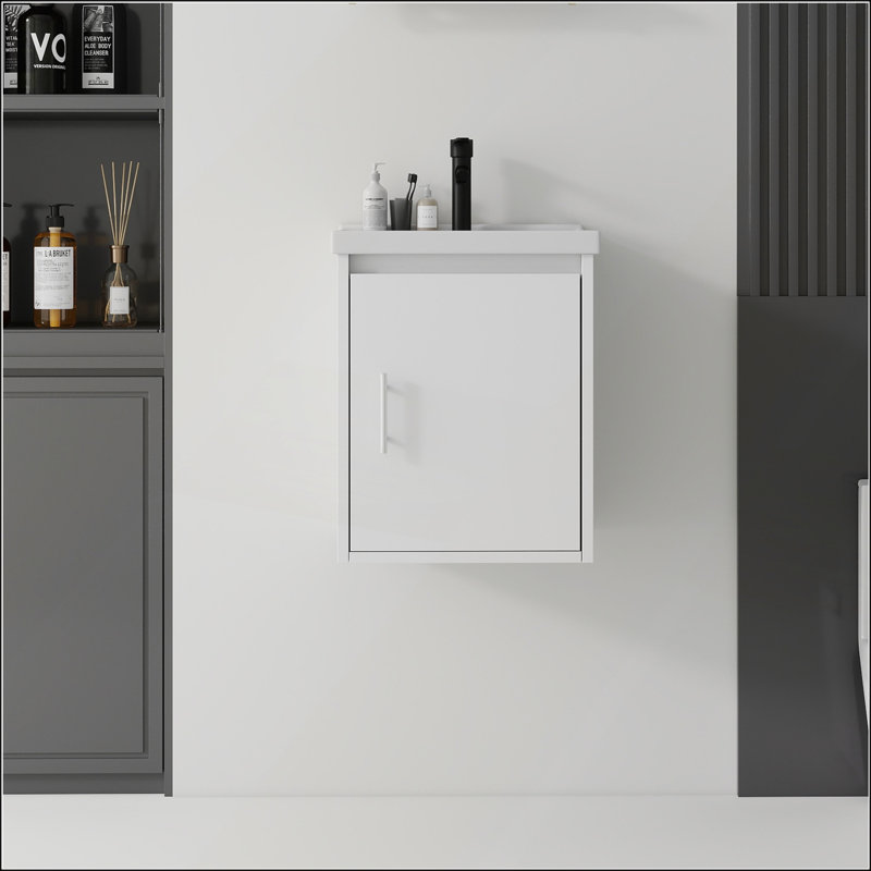Meuble-lavabo flottant 16 po avec lavabo en céramique, porte à fermeture en douceur et contreplaqué durable blanc, Blanc, 16"