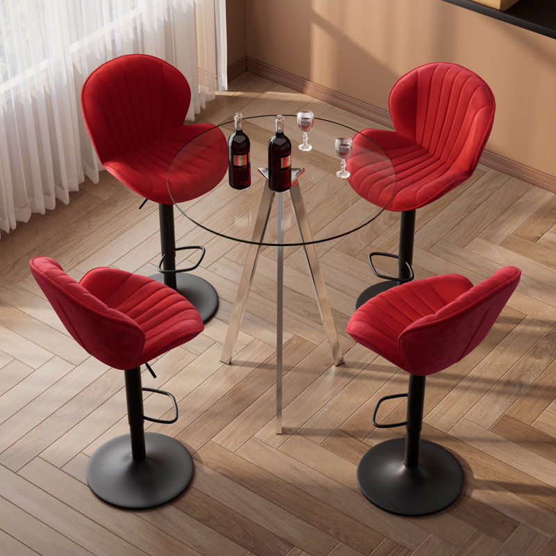 Table de pub ronde et 2 à 4 tabourets de bar réglables à 360 °, 5 pièces: table, 4 chaises, Rouge, Argent argent