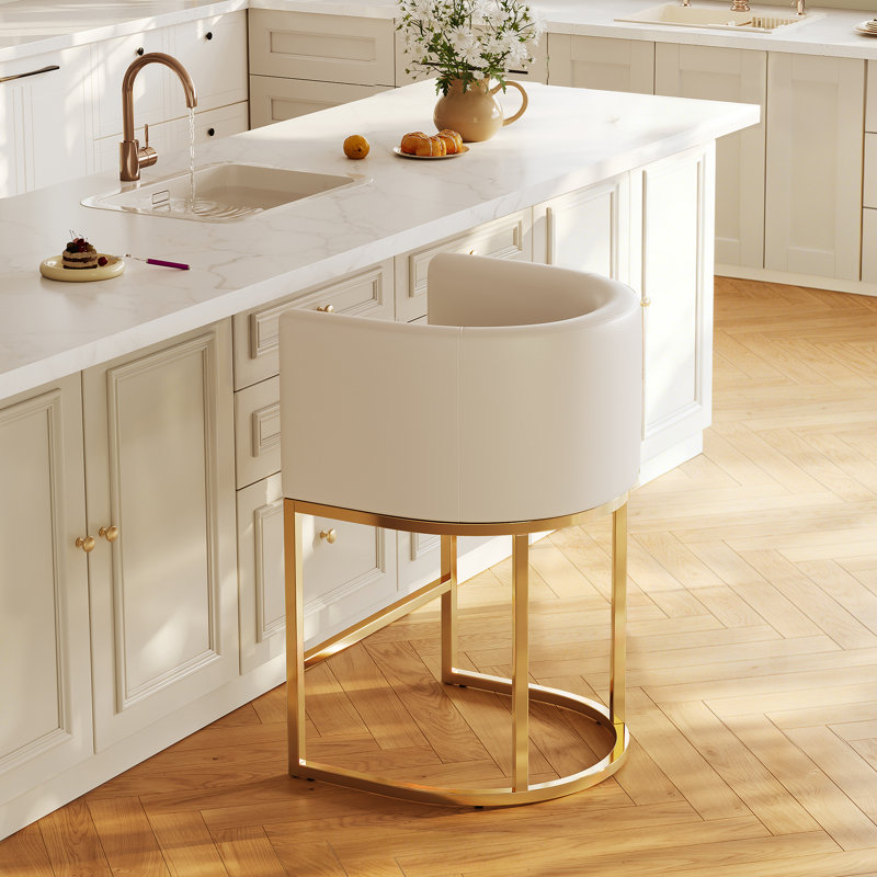 Modern Bar stool,Barrel Counter Height Bar Stools,White PU Leather with Gold Metal Legs,Set of 2, Set of 2, Gold, White