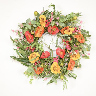 24" Artificial Farmhouse Spring Summer Blossom Cluster Mixed Leaves Berry Poppy Floral Wreath For Front Door