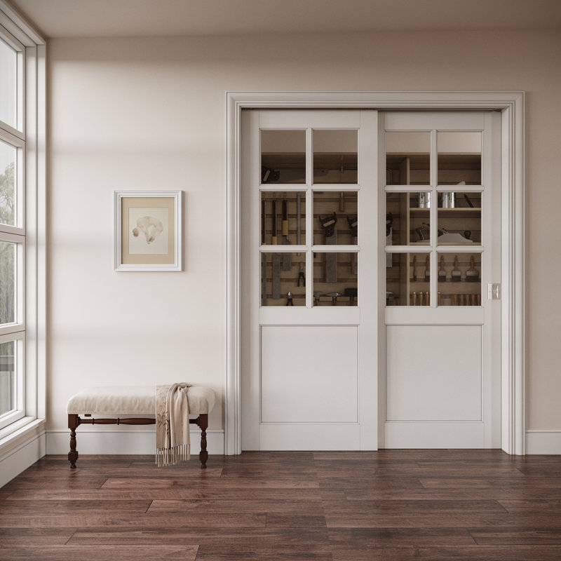 Porte intérieure en verre transparent 6-Lite, portes de dérivation en verre trempé CARB P2 MDF et SGCC, avec cadre solide renforcé et serrure de poche argentée et quincaillerie d'intimité, pré-fini et imperméable, pour garde-manger, chambre à coucher et garde-robe, teinture facile à bricoler, 60 po "x 96"