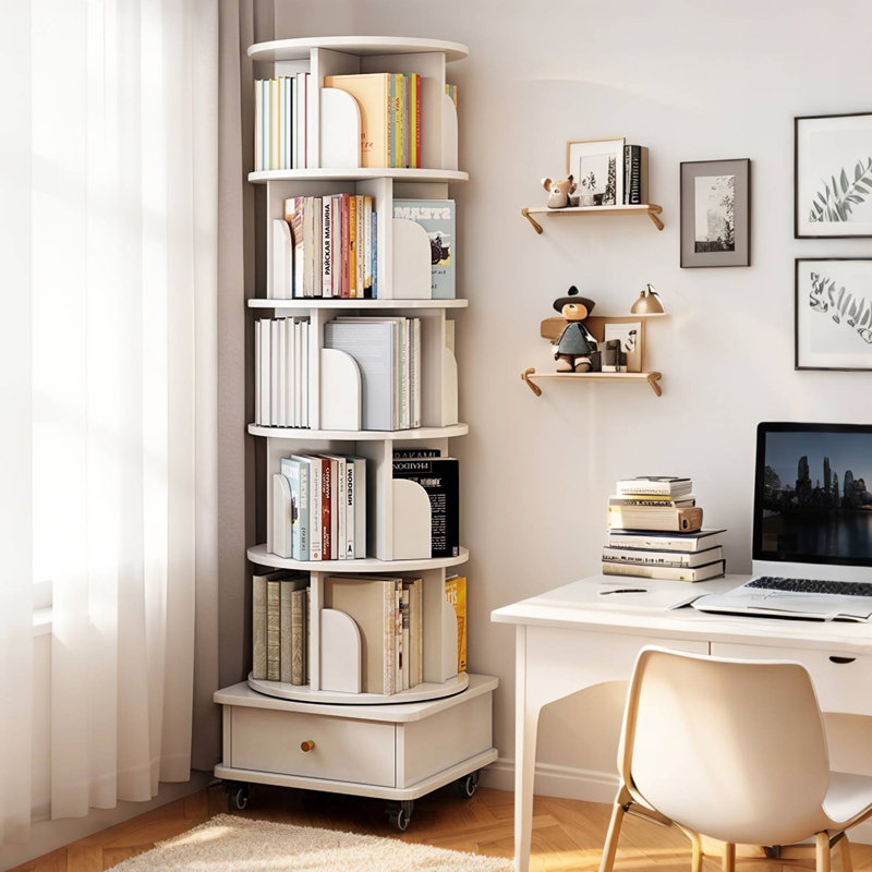 Bibliothèque pivotante à 360 °, Blanc, (5 tablettes) H 68,11 po x l 18,11 po x P 18,11 po
