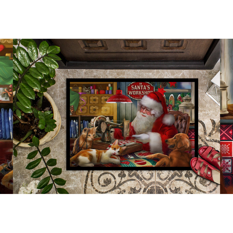 Izola Non-Slip Christmas Doormat, Santa's Workshop, Golden Retriever and Cats