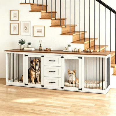 Cage pour chien de style meuble 92,8 po pour 2 chiens, double chenil avec 3 tiroirs de rangement et cloison, meuble télé de ferme pour chiens de taille moyenne