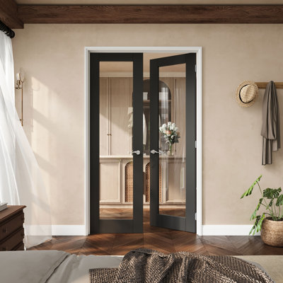 48" X 80" 1-Lite Black Clear Glass French Door With Silver Hinges, Clear Glass Door Slab With Frame, Sound-Dampening & Waterproof, Suit For Laundry, Closet Doors, Room Doors, Latch & Door Lever Included