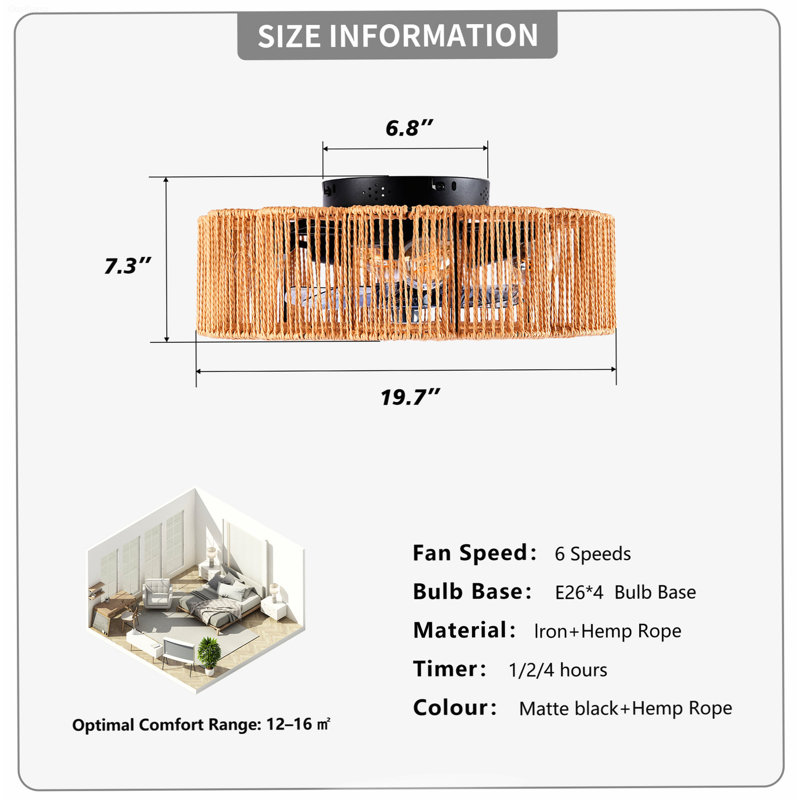 Ventilateur de plafond encastré 20 po avec lumière Boho Farmhouse