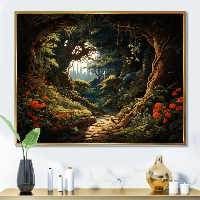 «Brown Green Enchanted Forest Pathway», reproduction sur toile, H 24 po x l 32 po x P 1 po, Cadre flottant doré