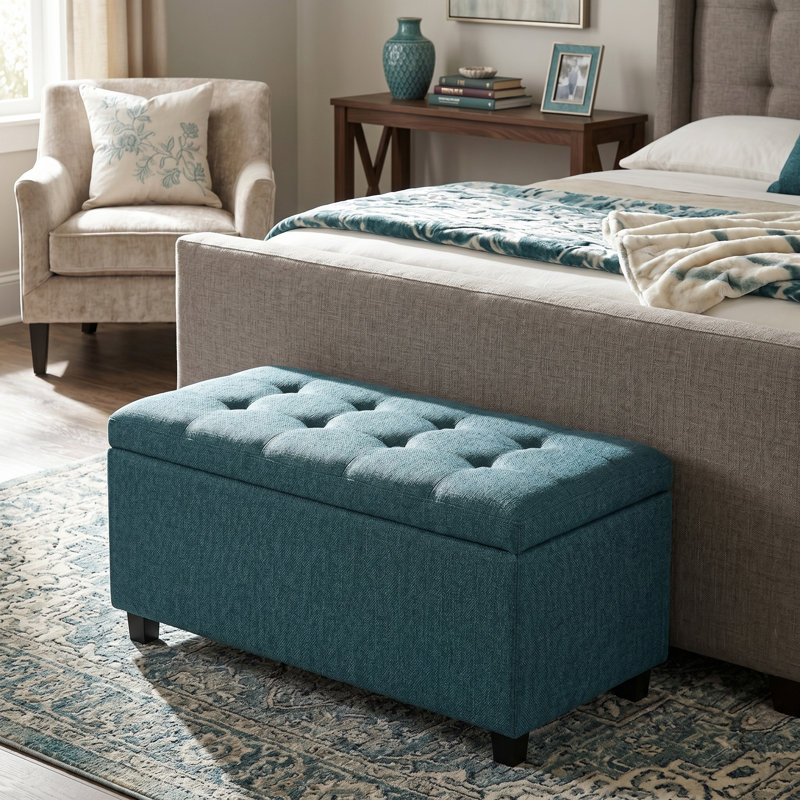 Banc de rangement avec rangement caché contemporain en tissu de polyester l 34 po Cosmopolitan, Bleu sarcelle