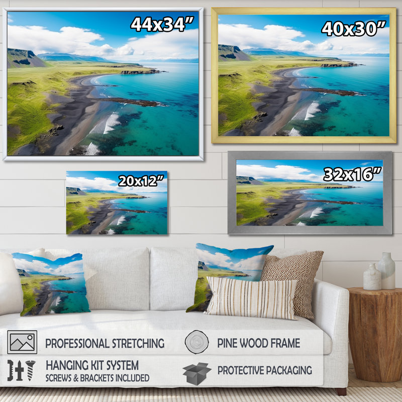 Beach Aerial View In Iceland III - Beach & Ocean Wall Art, White Floater Framed, 16" H x 32" W x 1" D