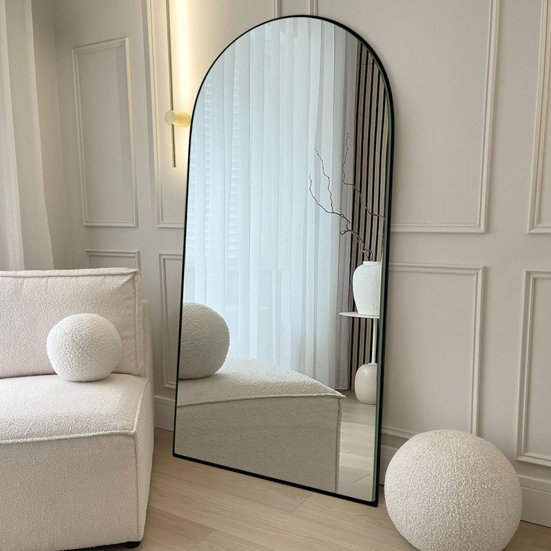 Oversized Wood Arched Full Length Mirror, Standing or Leaning Full Body Mirror, Black, 71" x 28"