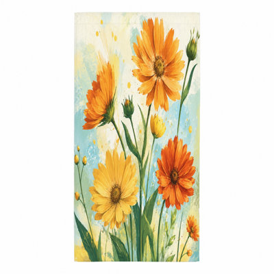 1Pcs Vibrant Floral Beach Towel, featuring bright orange and yellow daisies with green leaves on a textured watercolor background. Large, quick-dry microfiber, perfect for, swimming, travel, outdoor activities, unisex.