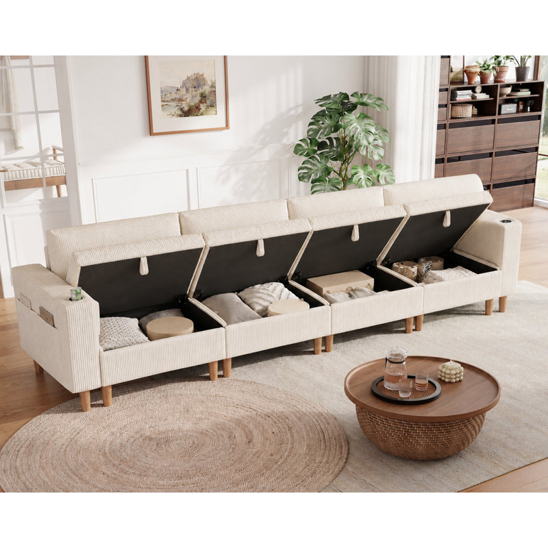 Canapé modulaire rembourré avec rangement Shepardson, Mila blanc, H 39 po x l 142 po x P 32,3 po