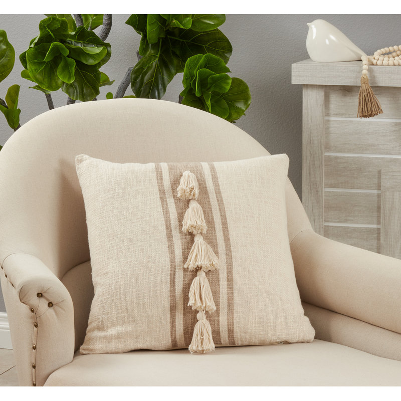 Whimsical Striped Tassel 15.5" Cotton Pillow Cover in Natural