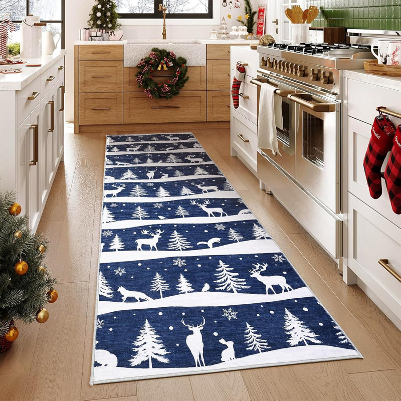 Runner Rug, Christmas Rugs with Xmas Tree Reindeer Snowflake for Holiday Decor, Non Slip Low Pile Washable Rug for Kitchen, Entryway, Living Room, Bedroom