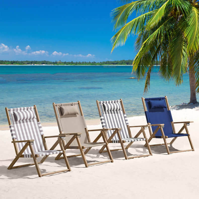 Taupe Eucalyptus Wood Folding Beach Chairs with Arms, Set of 2